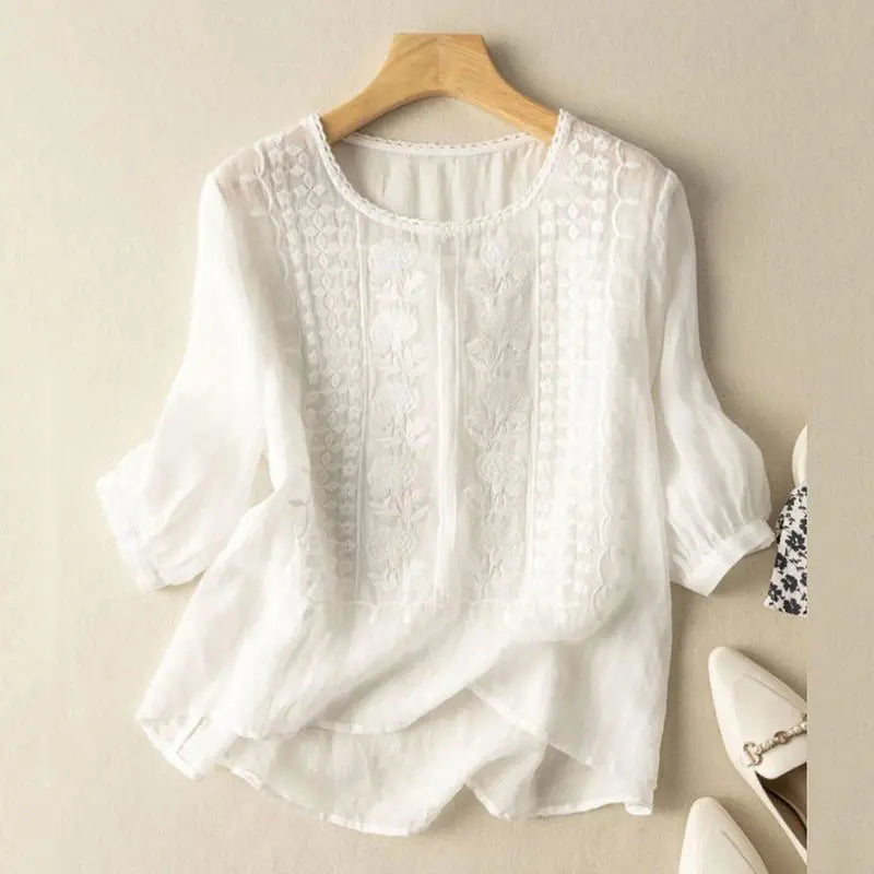 Women’s Relaxed Blouse Floral Embroidered 3/4 Puff Sleeve Cotton Top