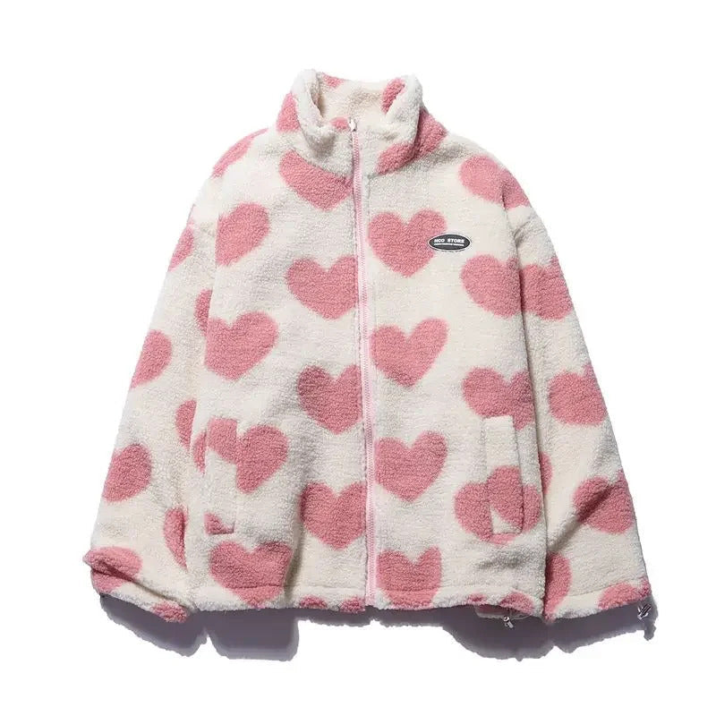 Women's Oversized Heart Print Zip-Up Puffer Jacket With High Collar