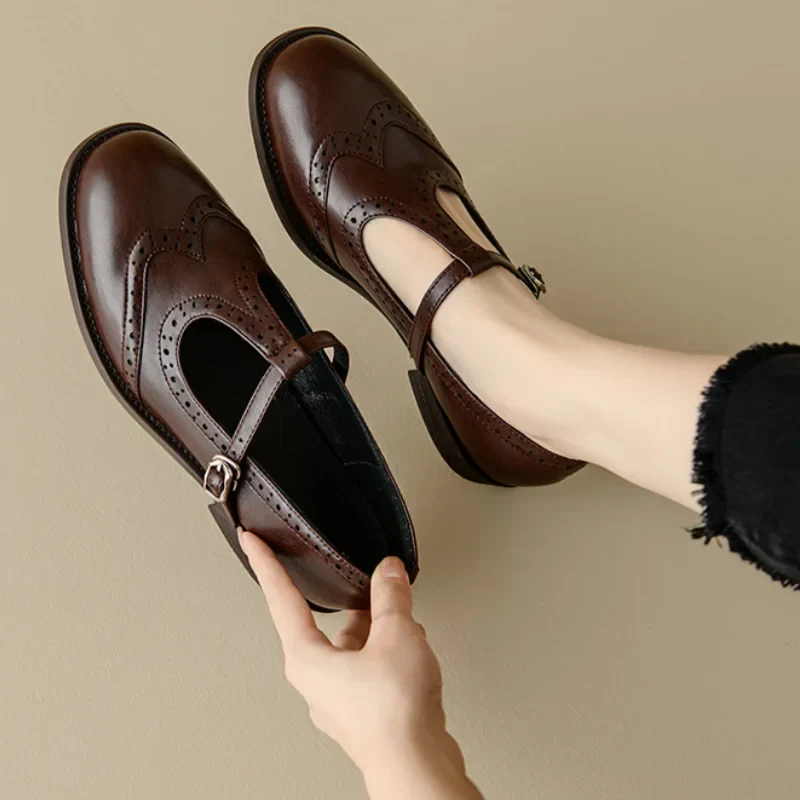 Women’s Mary Jane Shoes with T-Strap Low Block Heel and Buckle
