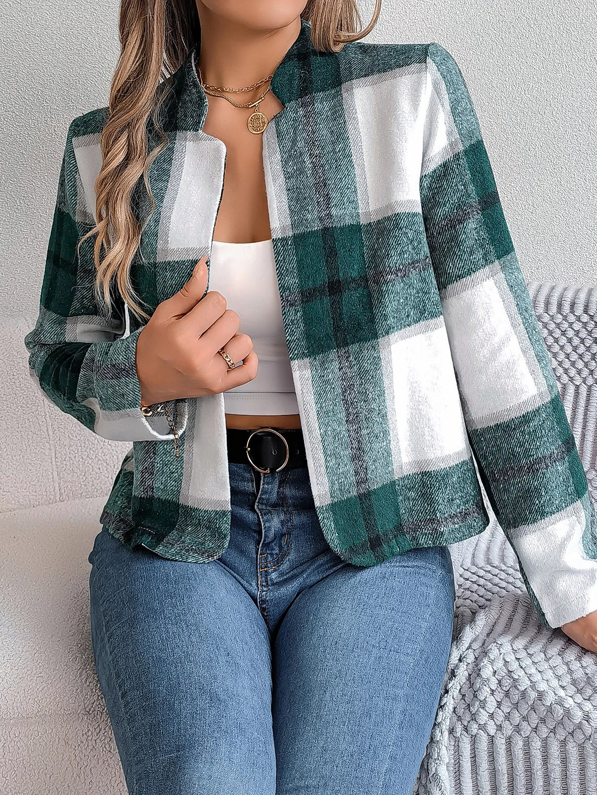 Women's Cropped Plaid Flannel Shacket With Button-Front Closure And Long Sleeves