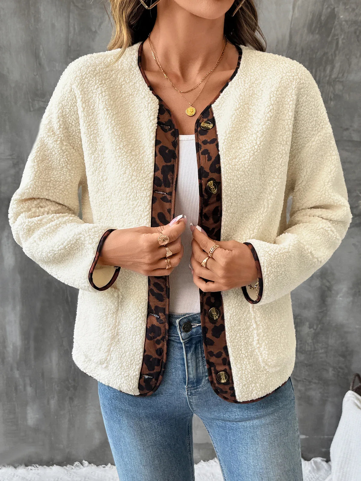 Women's Cream Boucle Open-Front Cardigan with Leopard Print Trim