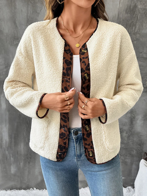 Women's Cream Boucle Open-Front Cardigan with Leopard Print Trim