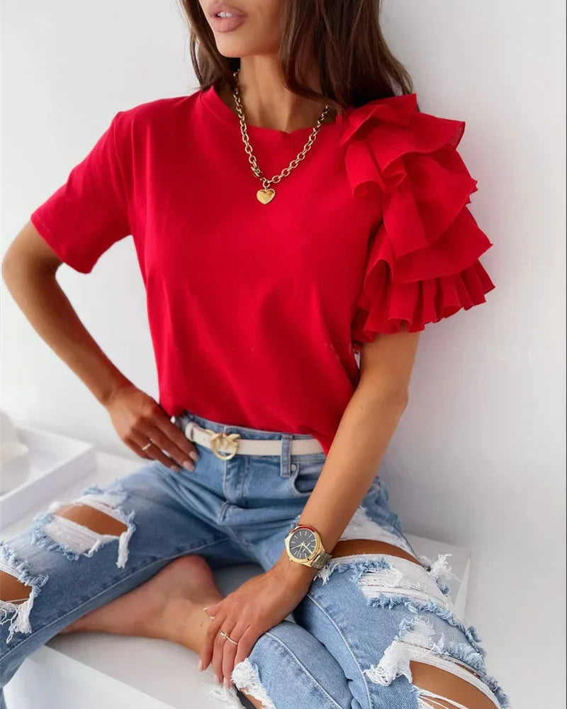 Women's Crew Neck T-Shirt with Asymmetrical Tiered Ruffle Sleeves