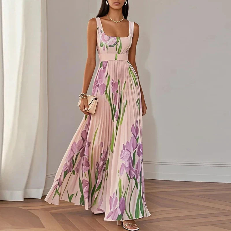 Women's Floral A-Line Maxi Dress with Square Neckline for Romantic Elegance