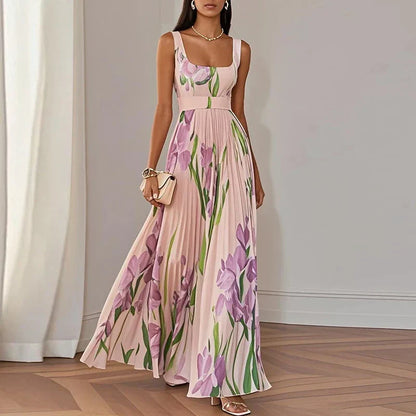 Women's Floral A-Line Maxi Dress with Square Neckline for Romantic Elegance