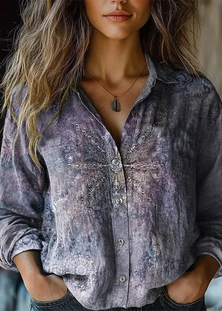 Women’s Button Down Shirt with Vintage Paisley Floral Print and Long Sleeves