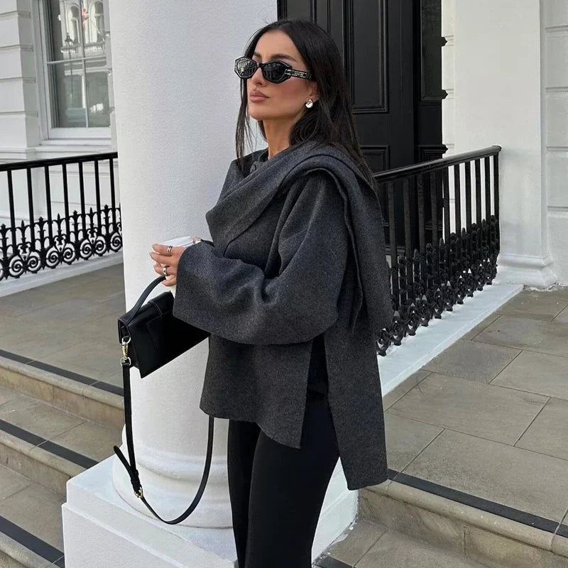 Women's Asymmetric Collar Jacket with Draped Neckline