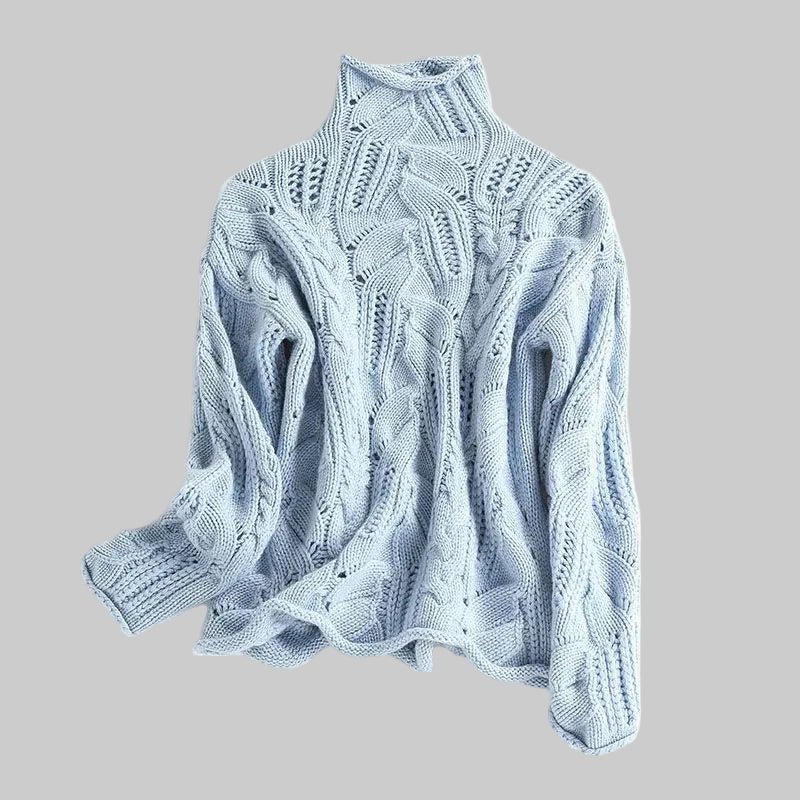 Women’s Cable Knit Turtleneck Sweater with Intricate Open-Work Texture Detail