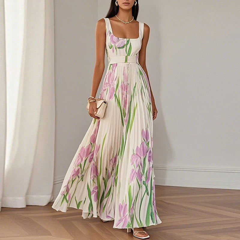 Women's Floral A-Line Maxi Dress with Square Neckline for Romantic Elegance