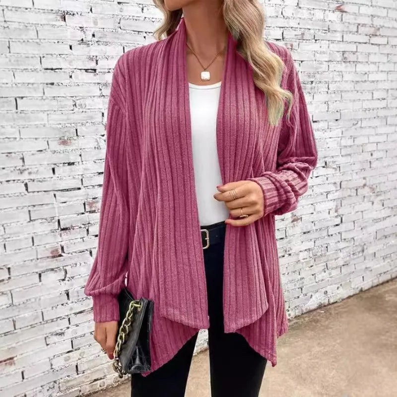 Women's Open-Front Ribbed Knit Draped Cardigan With Long Sleeves