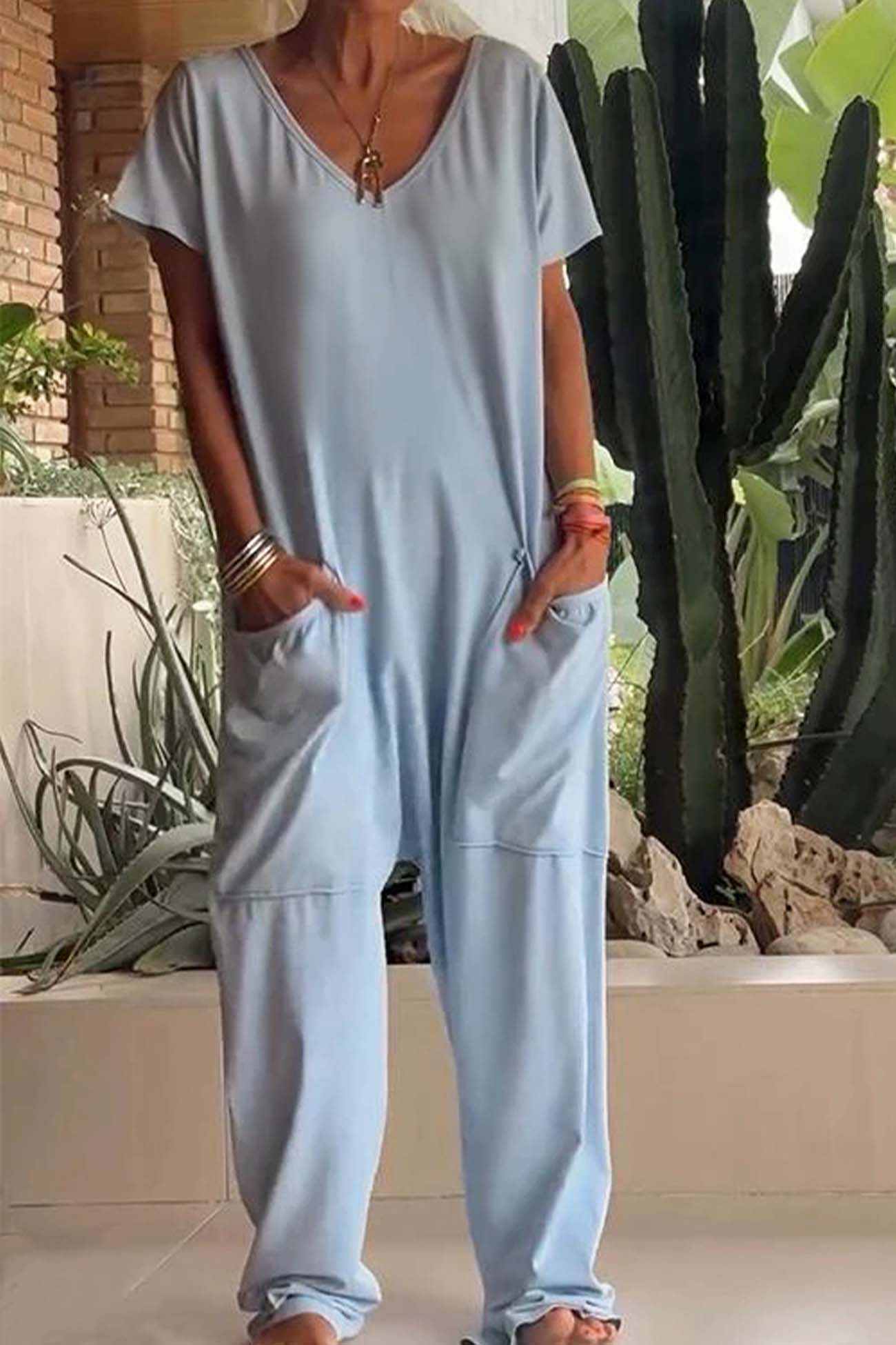 Women’s Jumpsuit with V-Neckline and Oversized Utility Patch Pockets