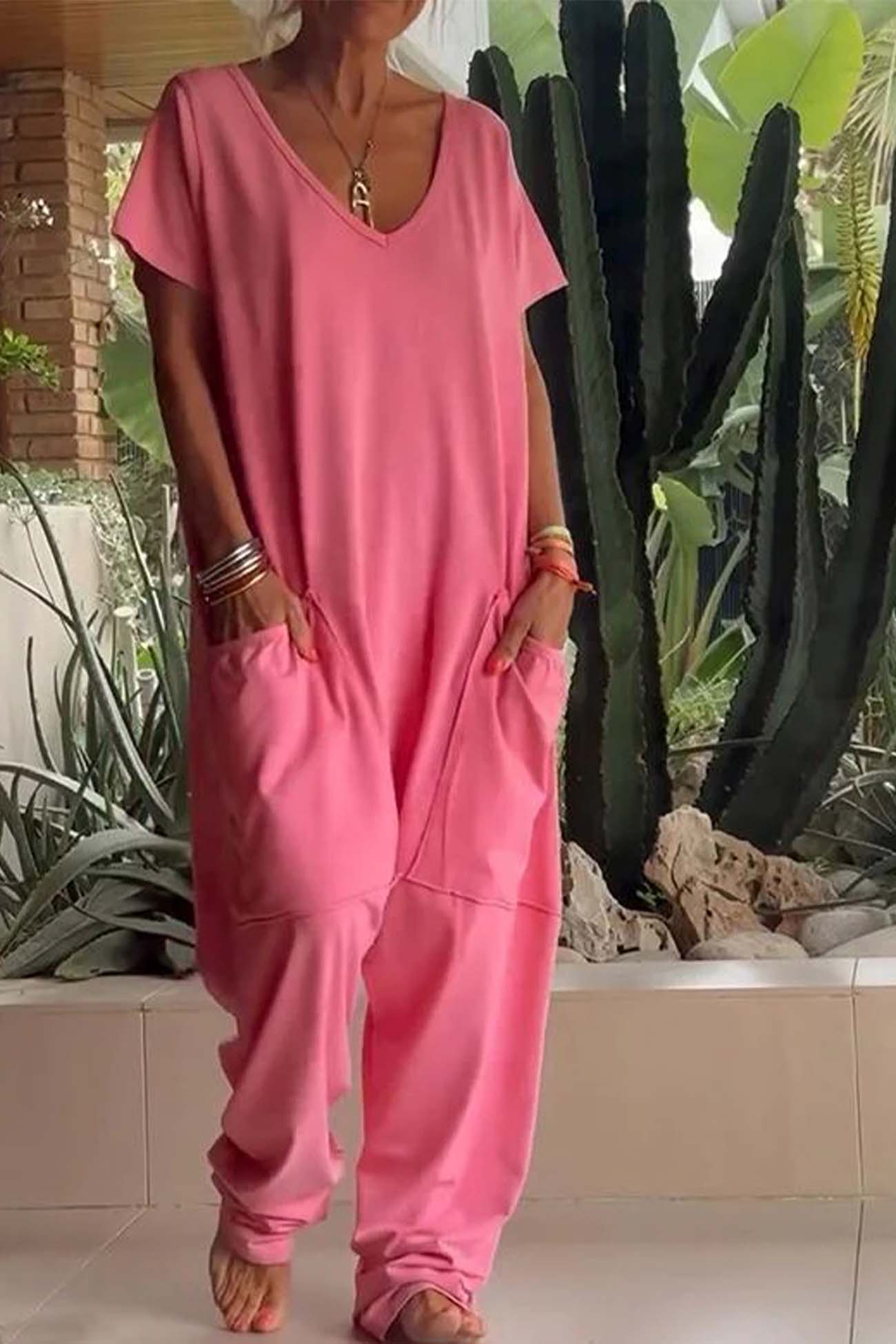 Women’s Jumpsuit with V-Neckline and Oversized Utility Patch Pockets