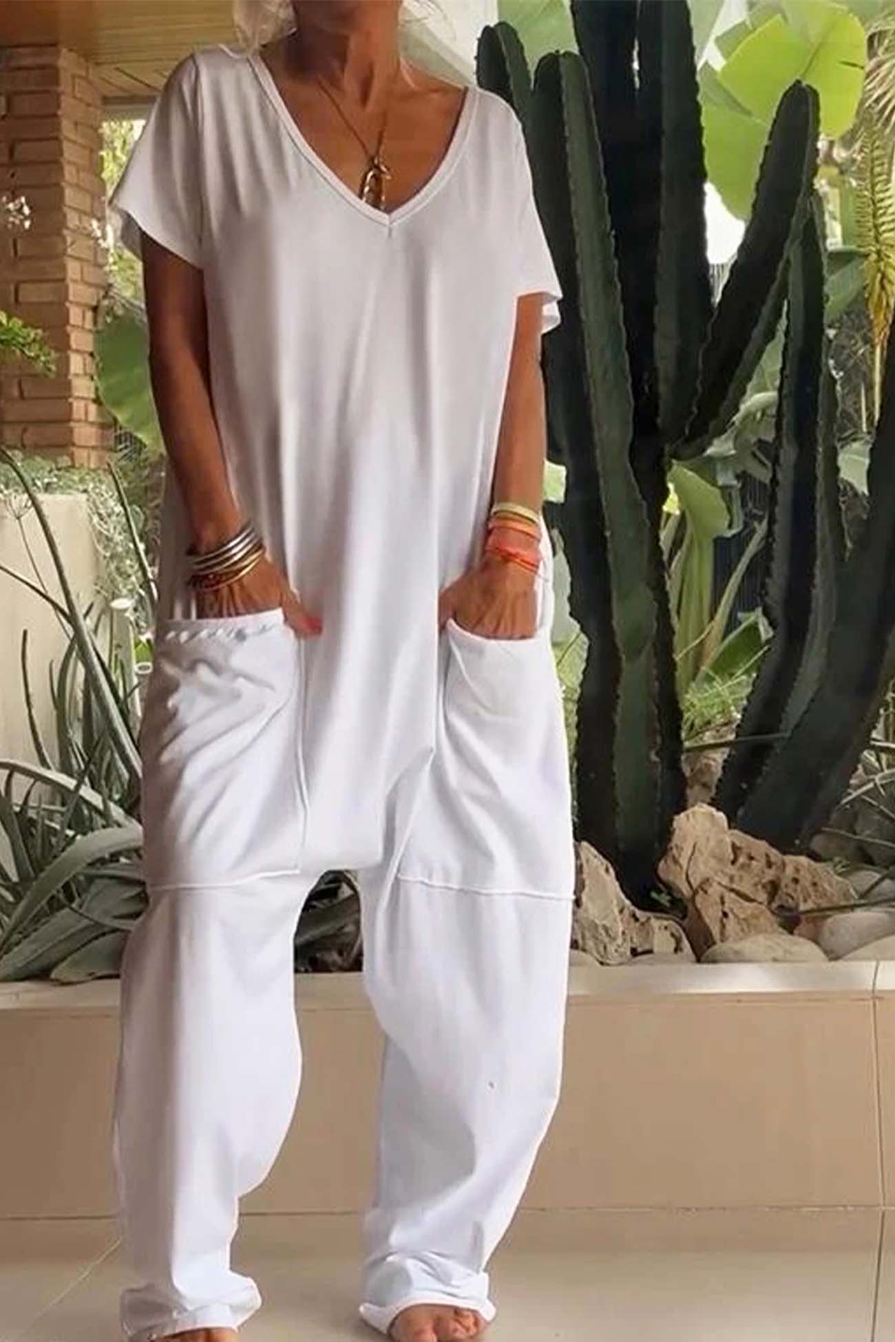 Women’s Jumpsuit with V-Neckline and Oversized Utility Patch Pockets