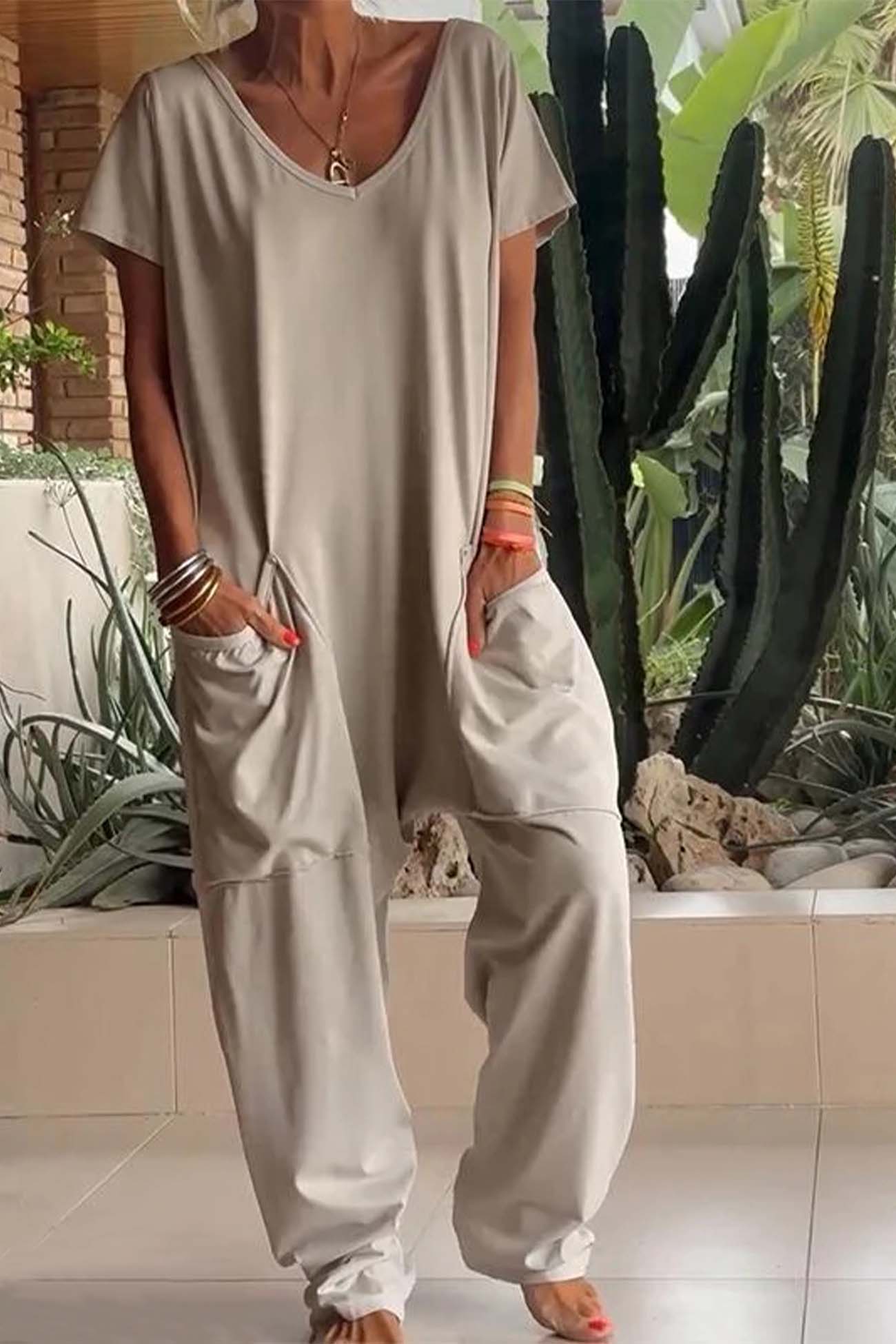 Women’s Jumpsuit with V-Neckline and Oversized Utility Patch Pockets