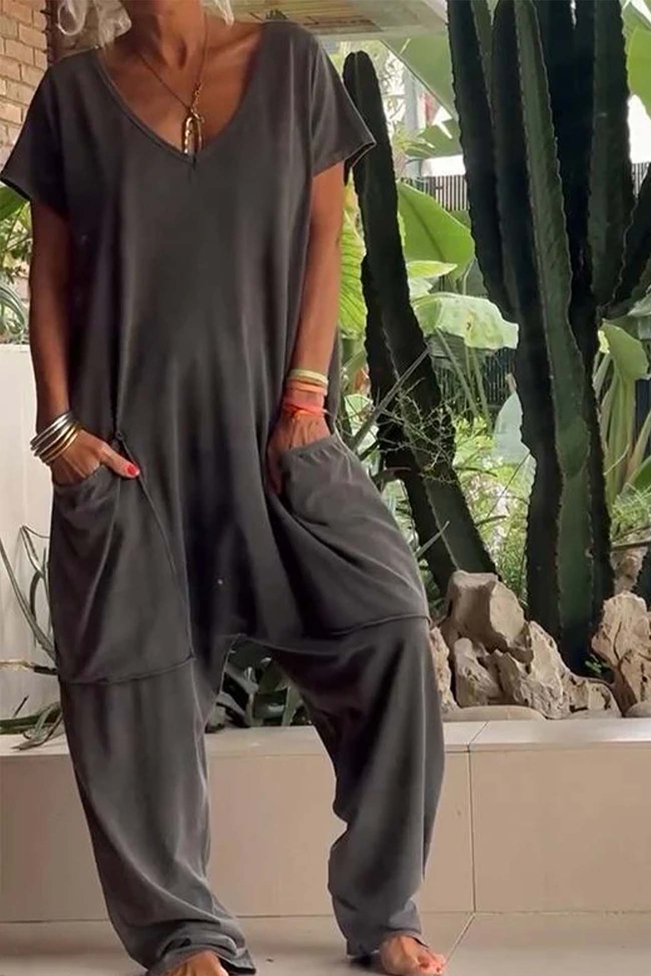 Women’s Jumpsuit with V-Neckline and Oversized Utility Patch Pockets