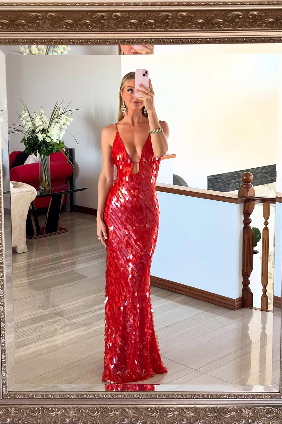 Women’s Sequin Maxi Dress Plunging V-Neck Backless Evening Gown