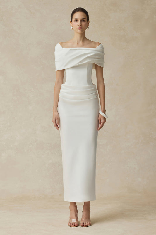 Women’s Off Shoulder Draped Corset Cocktail Midi Dress