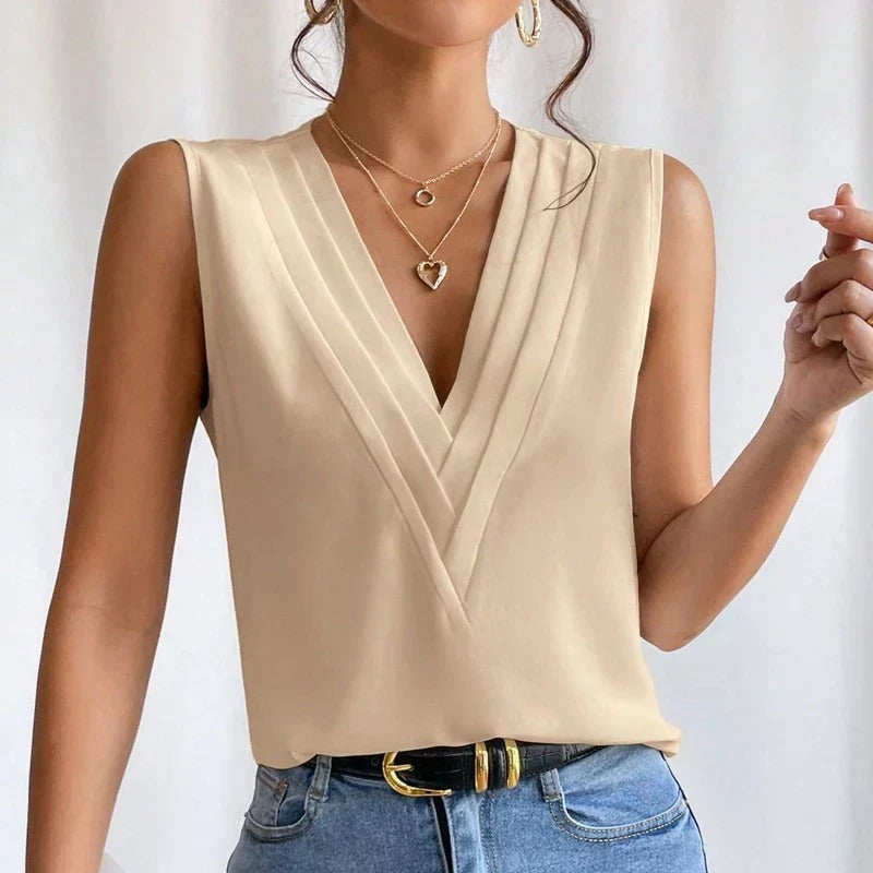 Women’s Sleeveless Blouse with Pleated V-Neck and Chiffon Finish