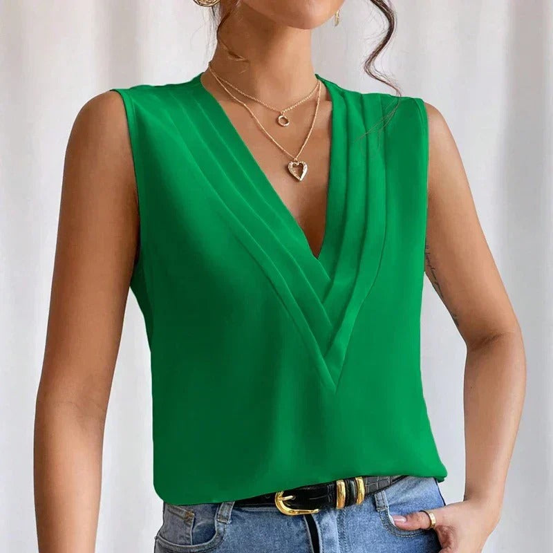 Women’s Sleeveless Blouse with Pleated V-Neck and Chiffon Finish