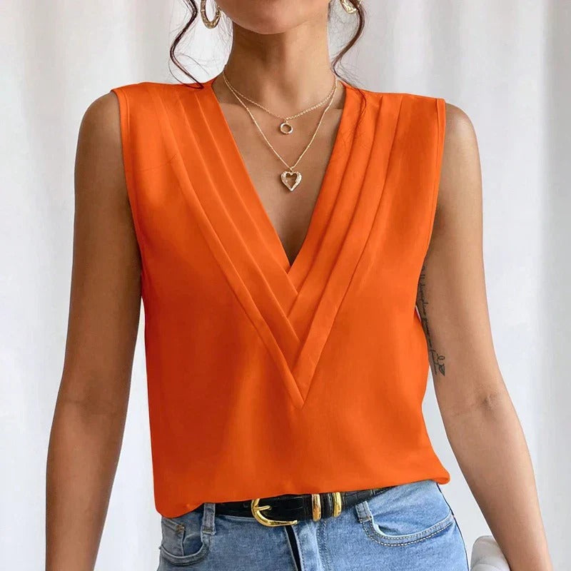 Women’s Sleeveless Blouse with Pleated V-Neck and Chiffon Finish