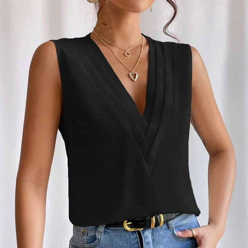 Women’s Sleeveless Blouse with Pleated V-Neck and Chiffon Finish