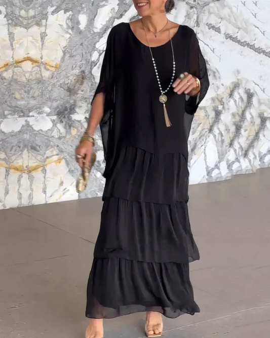 Women's Maxi Dress with Oversized Tunic Top and Tiered Abstract Print Skirt
