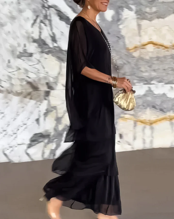 Women's Maxi Dress with Oversized Tunic Top and Tiered Abstract Print Skirt