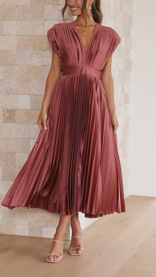 Women’s Pleated A-Line Maxi Dress with Plunging V-Neck and Cinched Waist