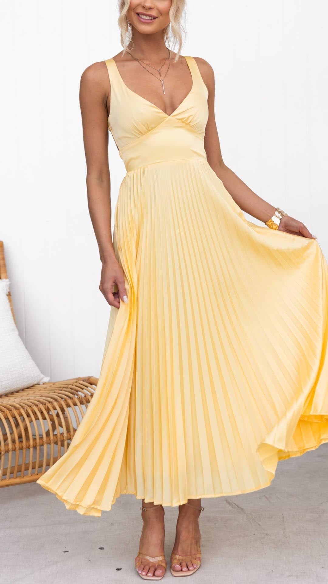 Women’s Pleated Maxi Dress V-Neck Sunray Skirt Wedding Guest Gown