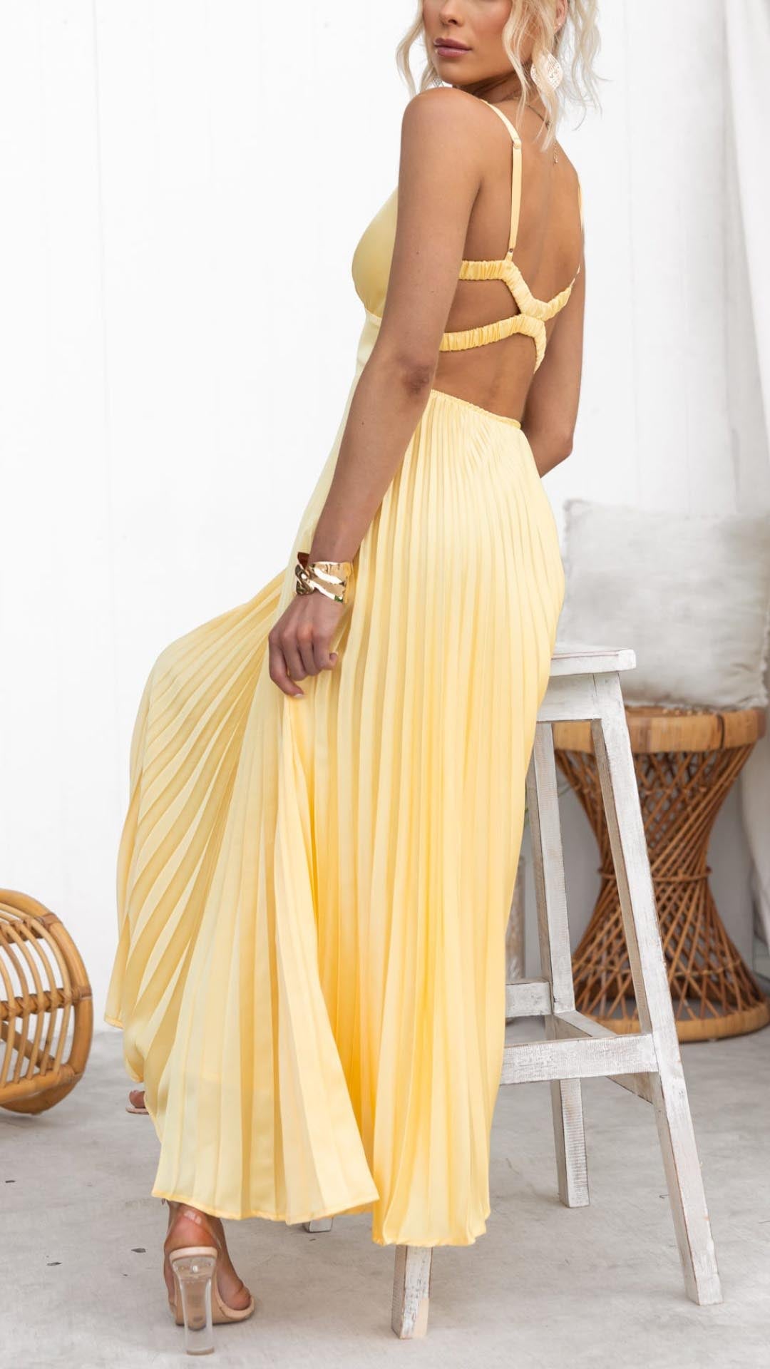 Women’s Pleated Maxi Dress V-Neck Sunray Skirt Wedding Guest Gown