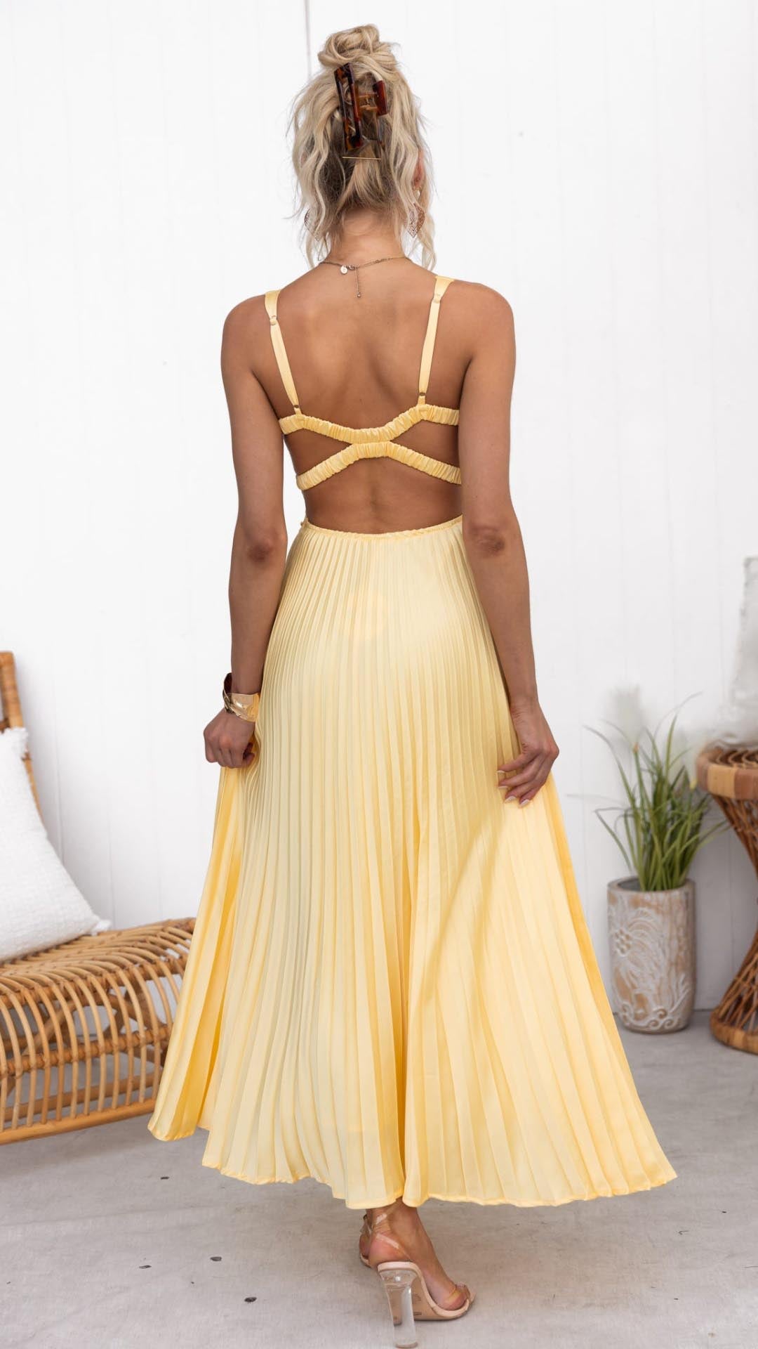 Women’s Pleated Maxi Dress V-Neck Sunray Skirt Wedding Guest Gown