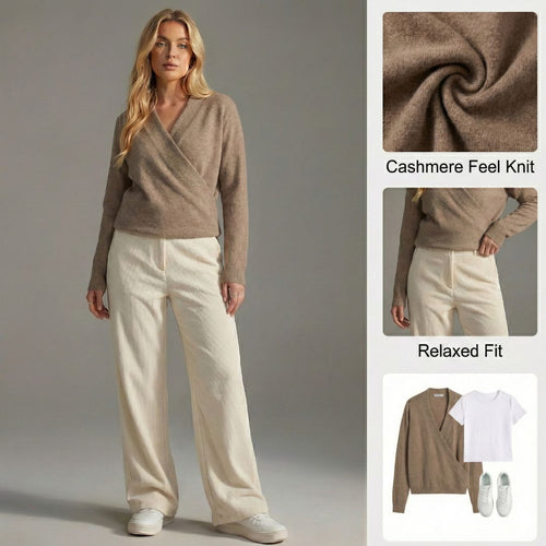 Ceylan Women's Knit Sweater Elegant Surplice Wrap Neck