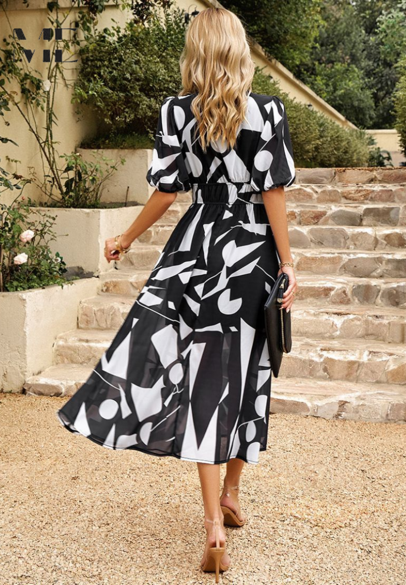 Women’s Maxi Dress with Smocked Waist and V-Neck Floral Print