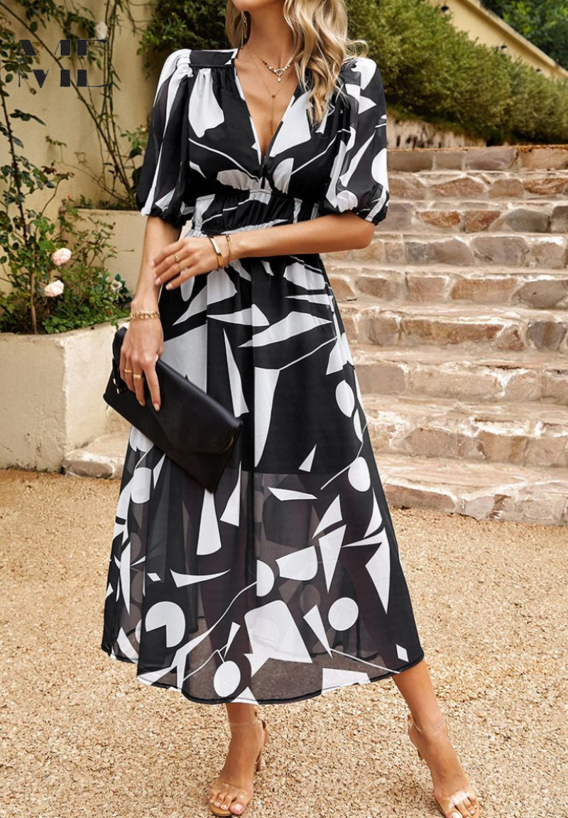 Women’s Maxi Dress with Smocked Waist and V-Neck Floral Print