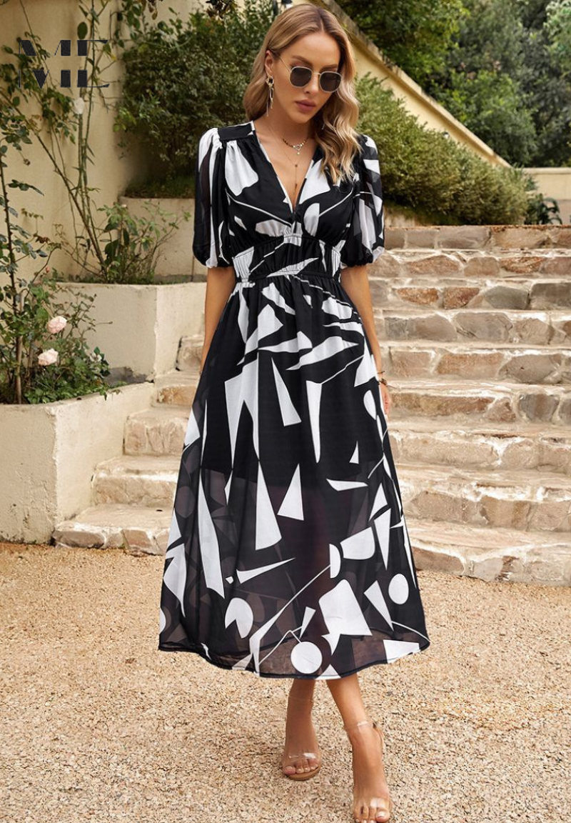 Women’s Maxi Dress with Smocked Waist and V-Neck Floral Print