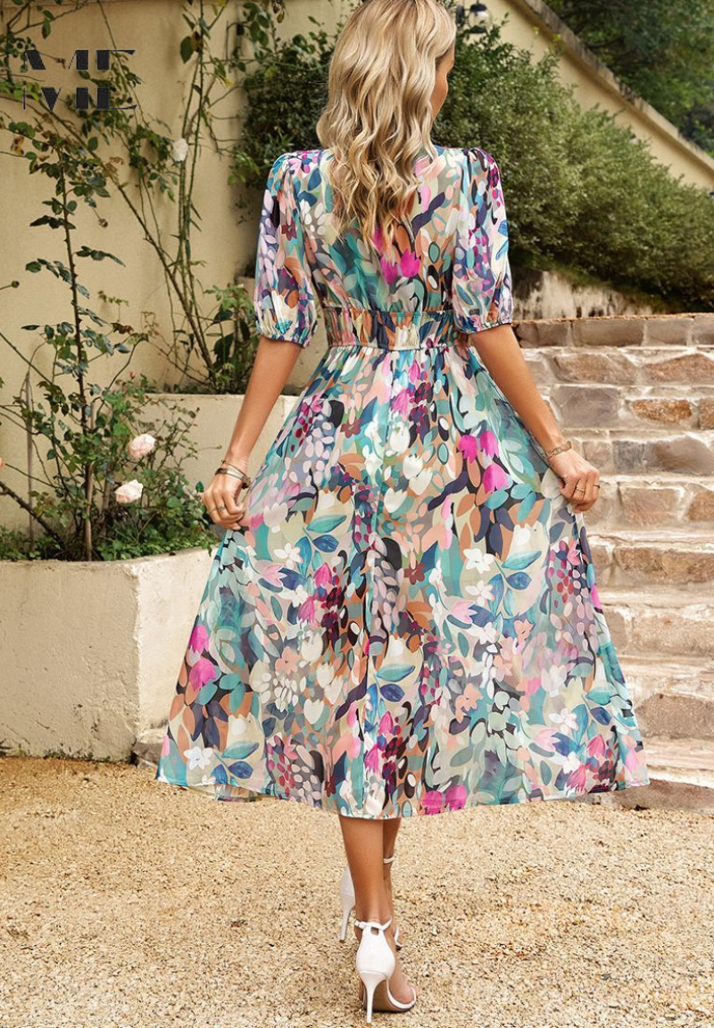 Women’s Maxi Dress with Smocked Waist and V-Neck Floral Print