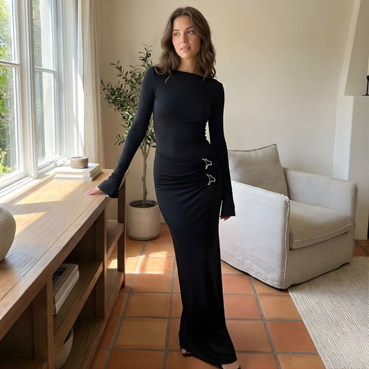 Women's Long Sleeve Maxi Dress with Side Buckle Detail