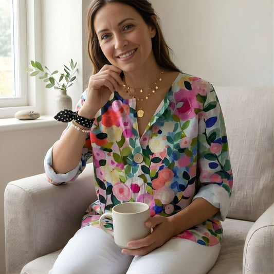 Women’s Floral Linen Blouse Relaxed Fit V-Neck Tunic With Three-Quarter Sleeves