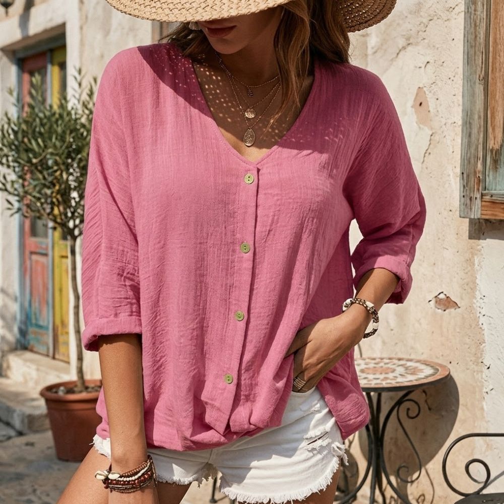 Women’s Relaxed V-Neck Button Up Blouse with Textured Finish and 3/4 Sleeves