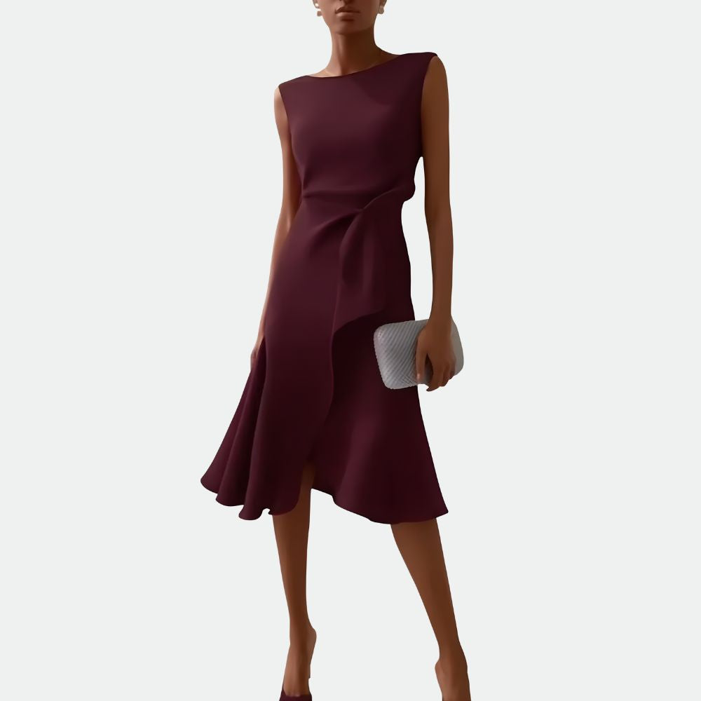 Women’s Draped Asymmetric Midi Dress with Sleeveless Ruffle Front and Tailored Fit