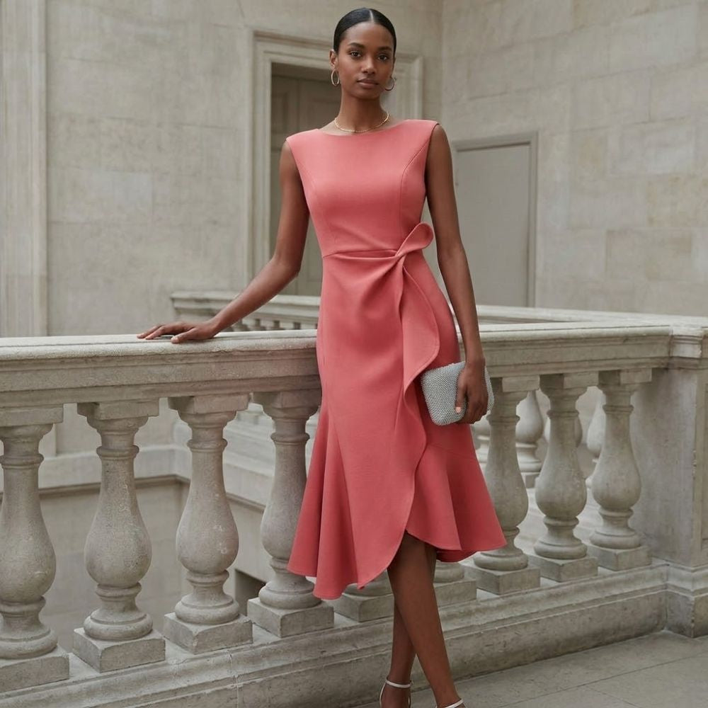 Women’s Draped Asymmetric Midi Dress with Sleeveless Ruffle Front and Tailored Fit