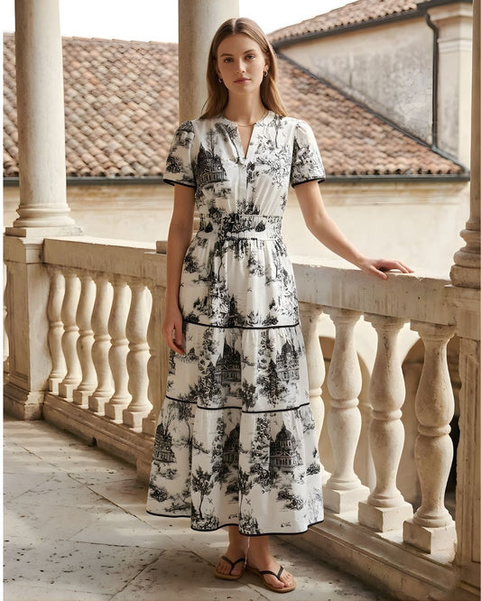 Women's Heritage Print Maxi Dress with Tiered Skirt and Puff Sleeves