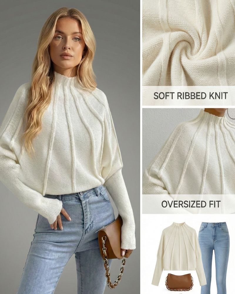 Ceylan Women's Sweater Cropped Textured High Neck Pullover