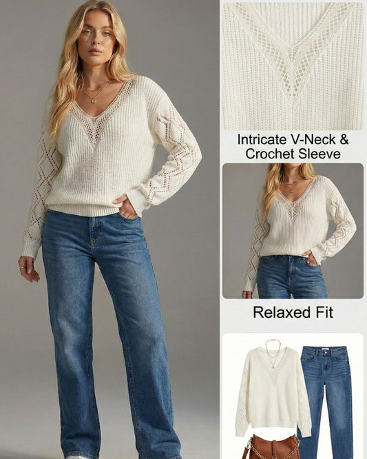 Ceylan Women's Sweater Lace Trim V-Neck Pointelle Knit Sleeve