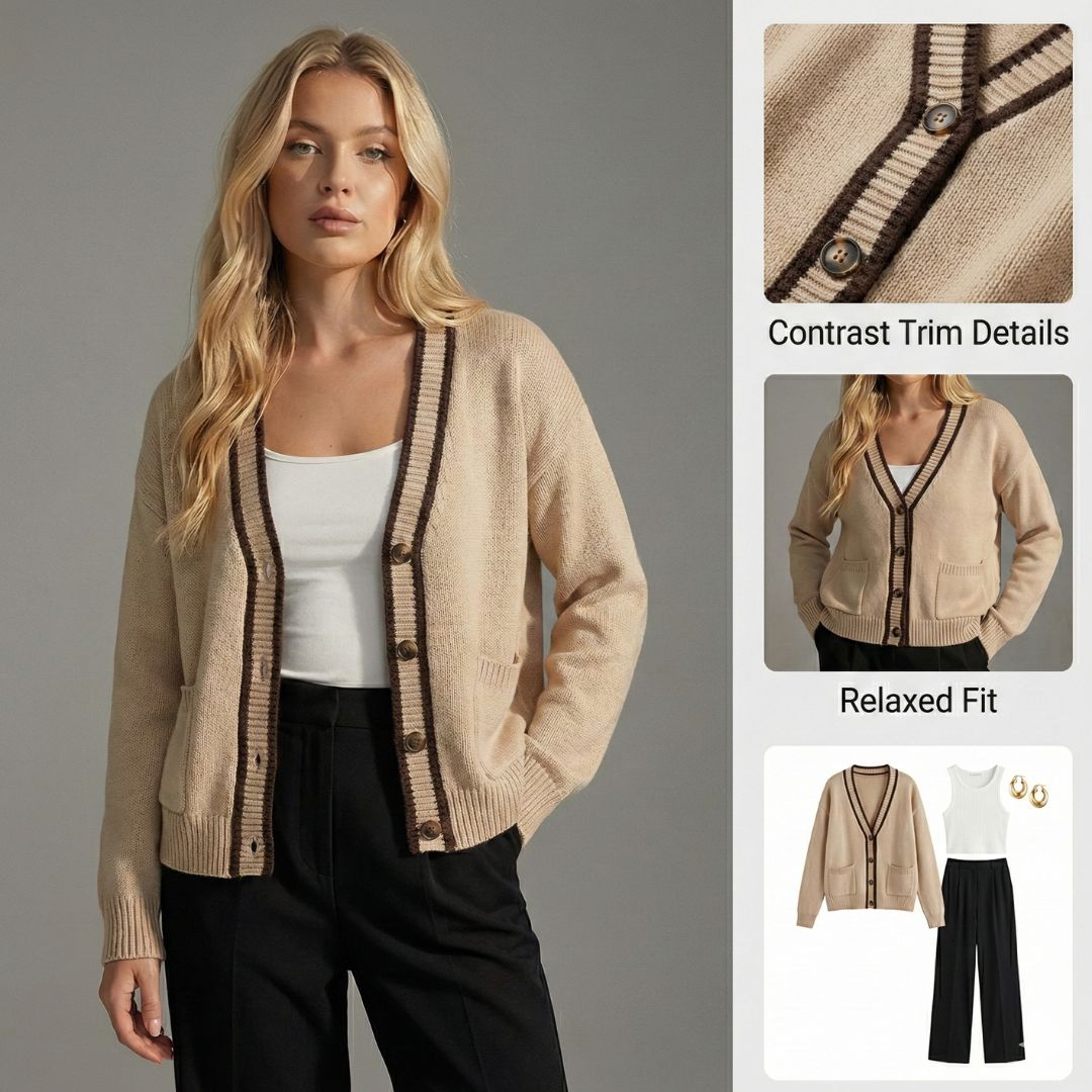 Ceylan Women's Cardigan Contrast Trim Knit Open Front Jacket