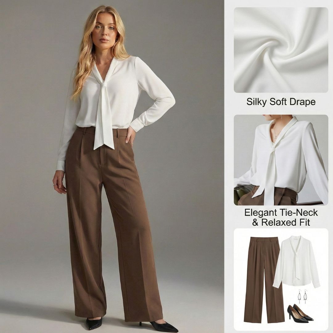 Ceylan Women's Blouse Elegant Long Sleeve Necktie Top