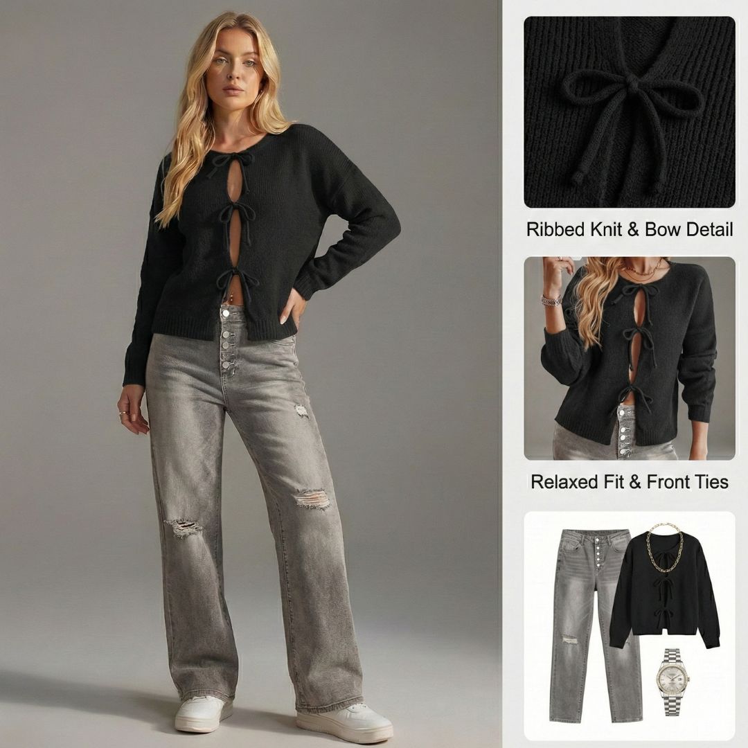 Ceylan Women's Cardigan Cropped Tie Front Open Knit Sweater