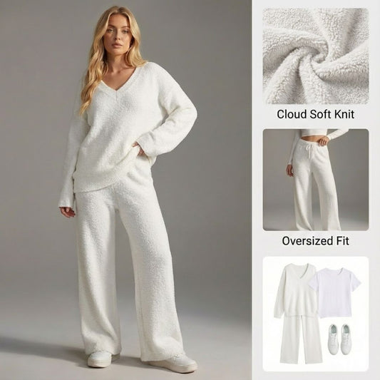 Ceylan Women’s Loungewear Set Ribbed V-Neck Top and Wide Leg Pants