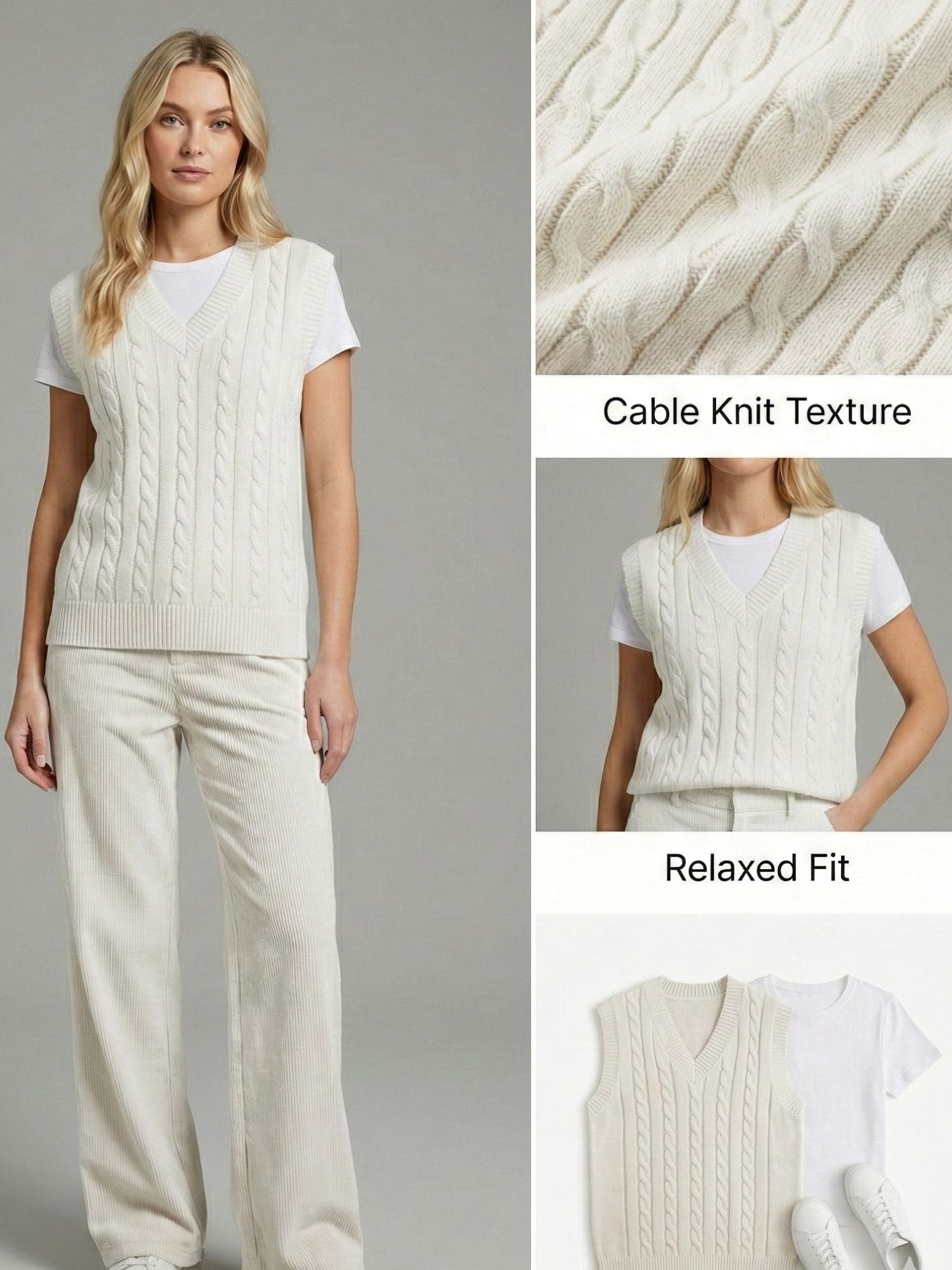 Ceylan Women's Sweater Vest, Cropped Cable Knit V-Neck