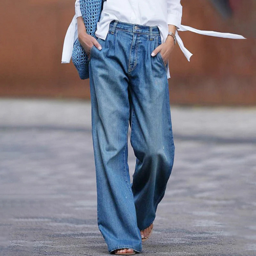 Women's Wide-Leg Jeans with High-Rise Waist and Front Pockets